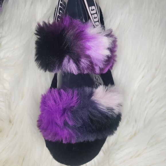 🥿Ugg Oh Yeah Fluff Yeah Black Purple Pink Tie-Dye Fur Slides Slippers 10 - Picture 5 of 8